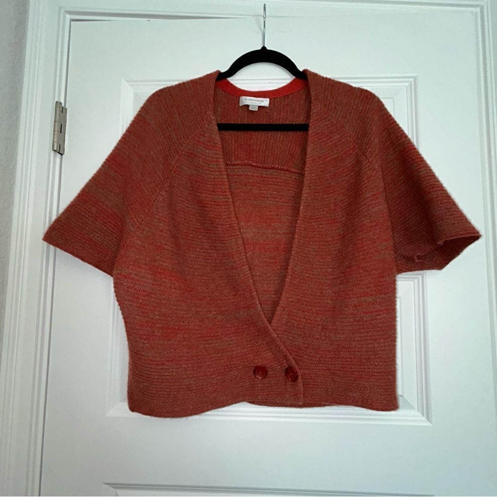 Nordstrom Collection Button Front Wrap Short Sleeve Ribbed Cashmere Sweater Top